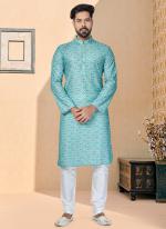 Dhupion Silk Sky Blue Festival Wear Printed Readymade Kurta Pajama